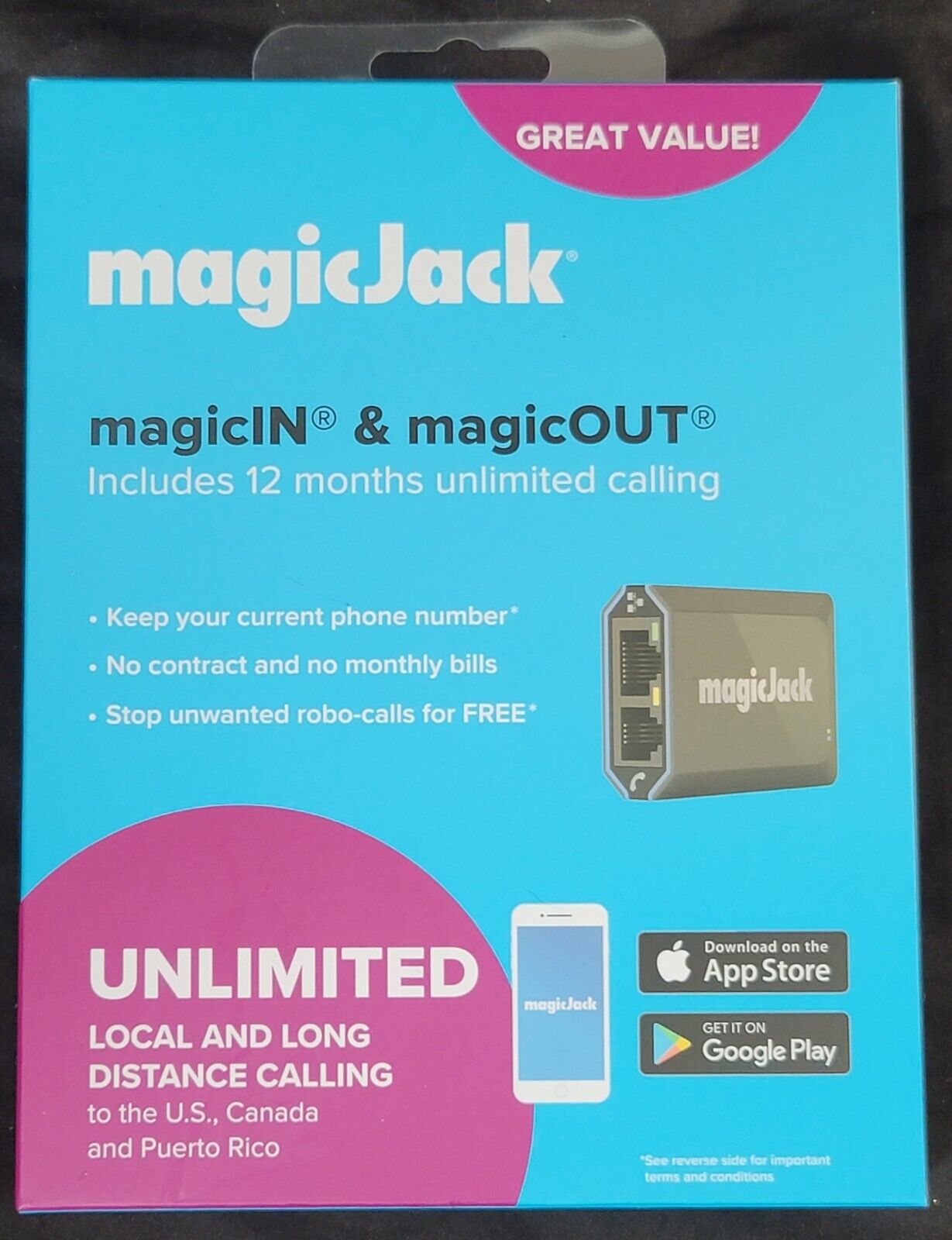 MagicJack - HOME VoIP Telephone Adapter 12 Months of Service - Black New Sealed