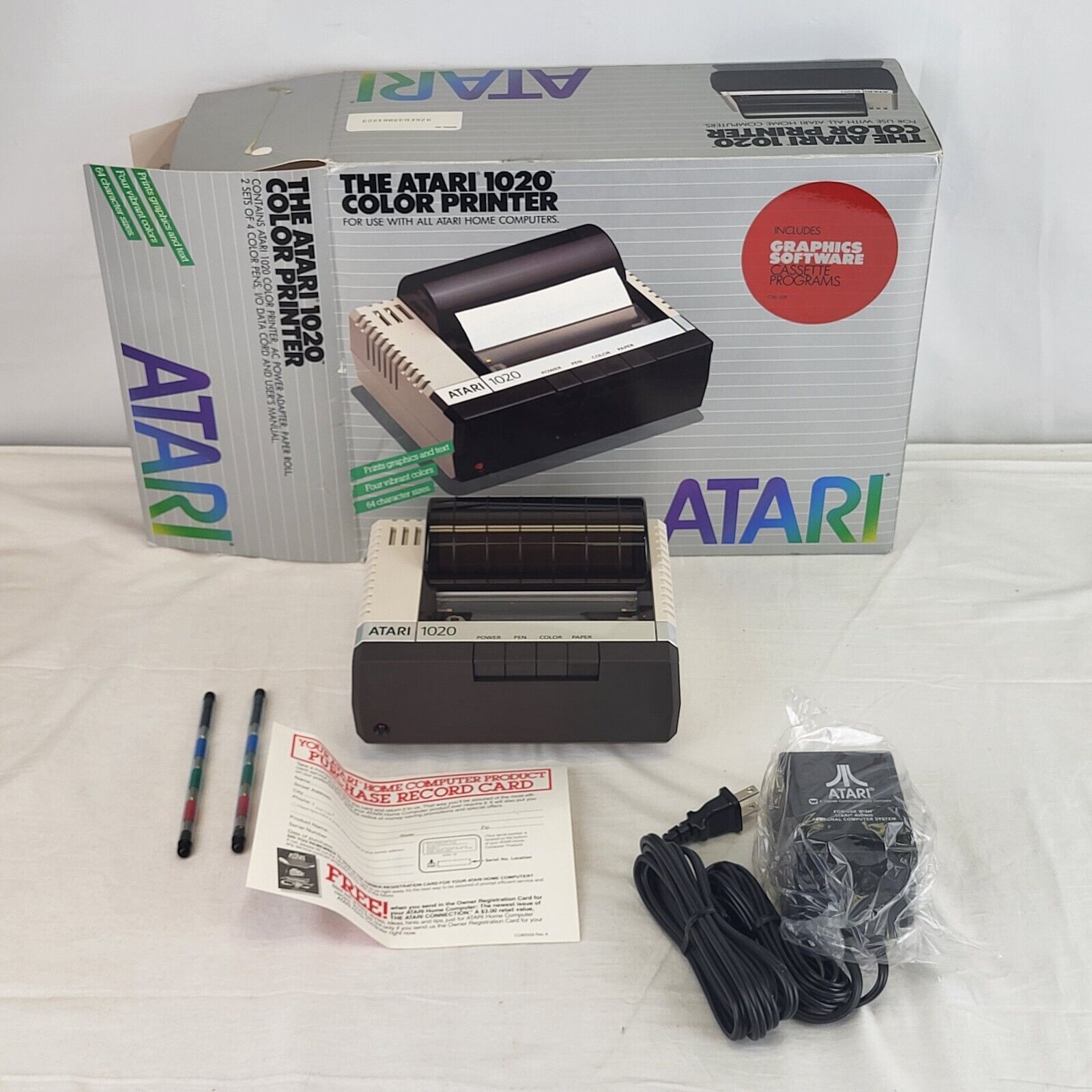 Atari 1020 Color Printer W/ Box - 2x 4 Color Pens - & Cords - Great Shape