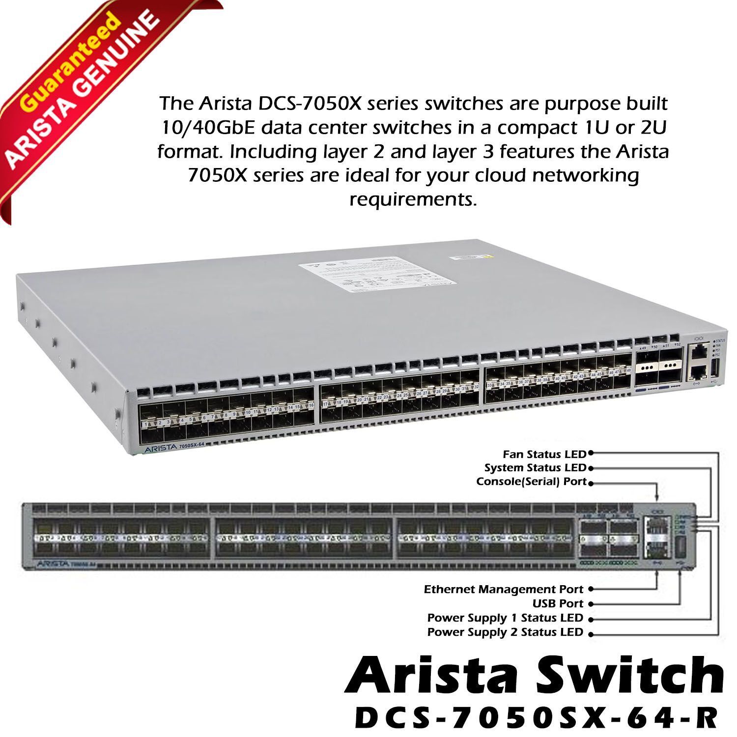 Arista DCS-7050SX-64-R 48x 10G SFP+ 4x 40Gb QSFP Port Ethernet Switch